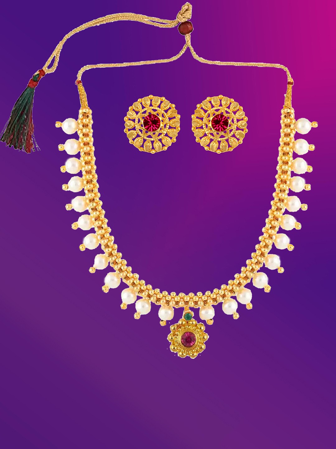 

Lila Gold Plated Stones Studded & Beaded Jewellery Set
