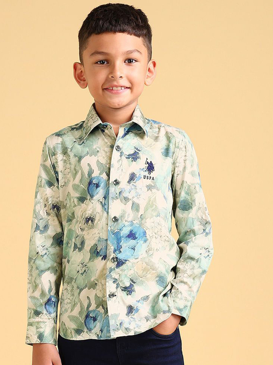 

U.S. Polo Assn. Kids Boys Classic Spread Collar Floral Printed Cotton Casual Shirt, Green
