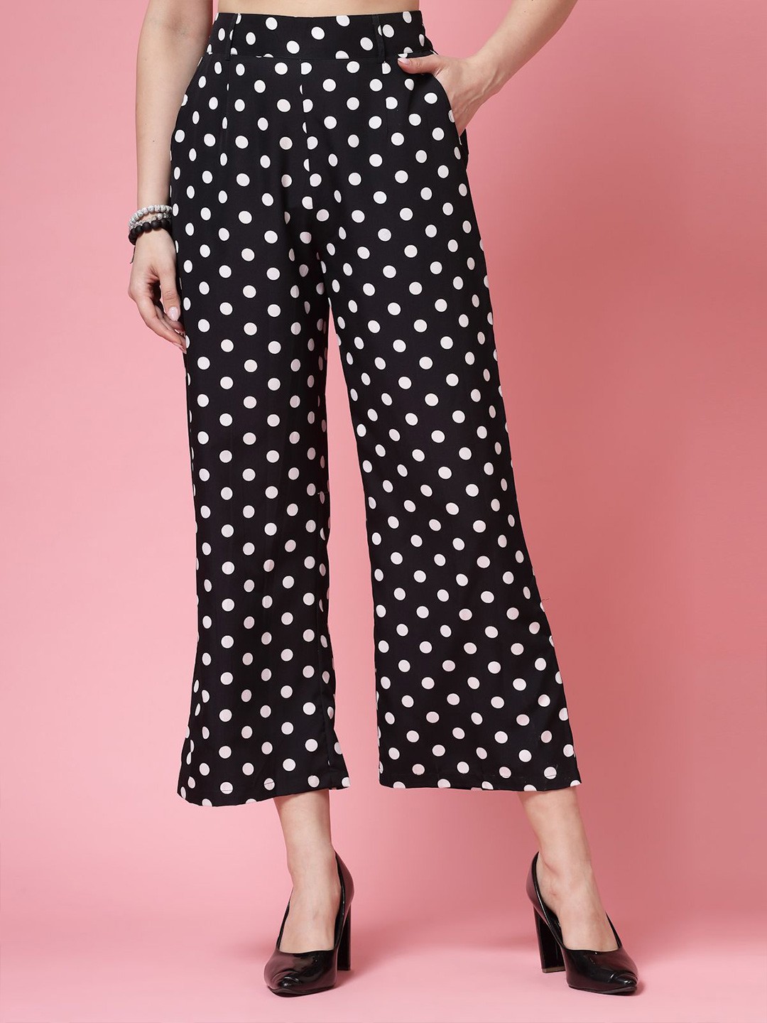 

BEING NAUGHTY Woman Polka Dots Printed Wrinkle Free Trousers, Black