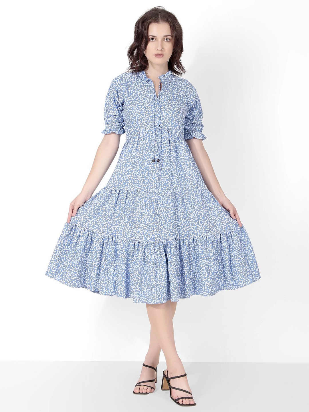 

Seryeon Floral Print Puff Sleeve A-Line Midi Dress, Blue