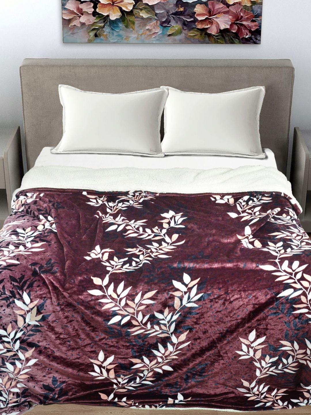 

FABINALIV Burgundy & White Floral Woollen Mild Winter 400 GSM Double Bed Comforter