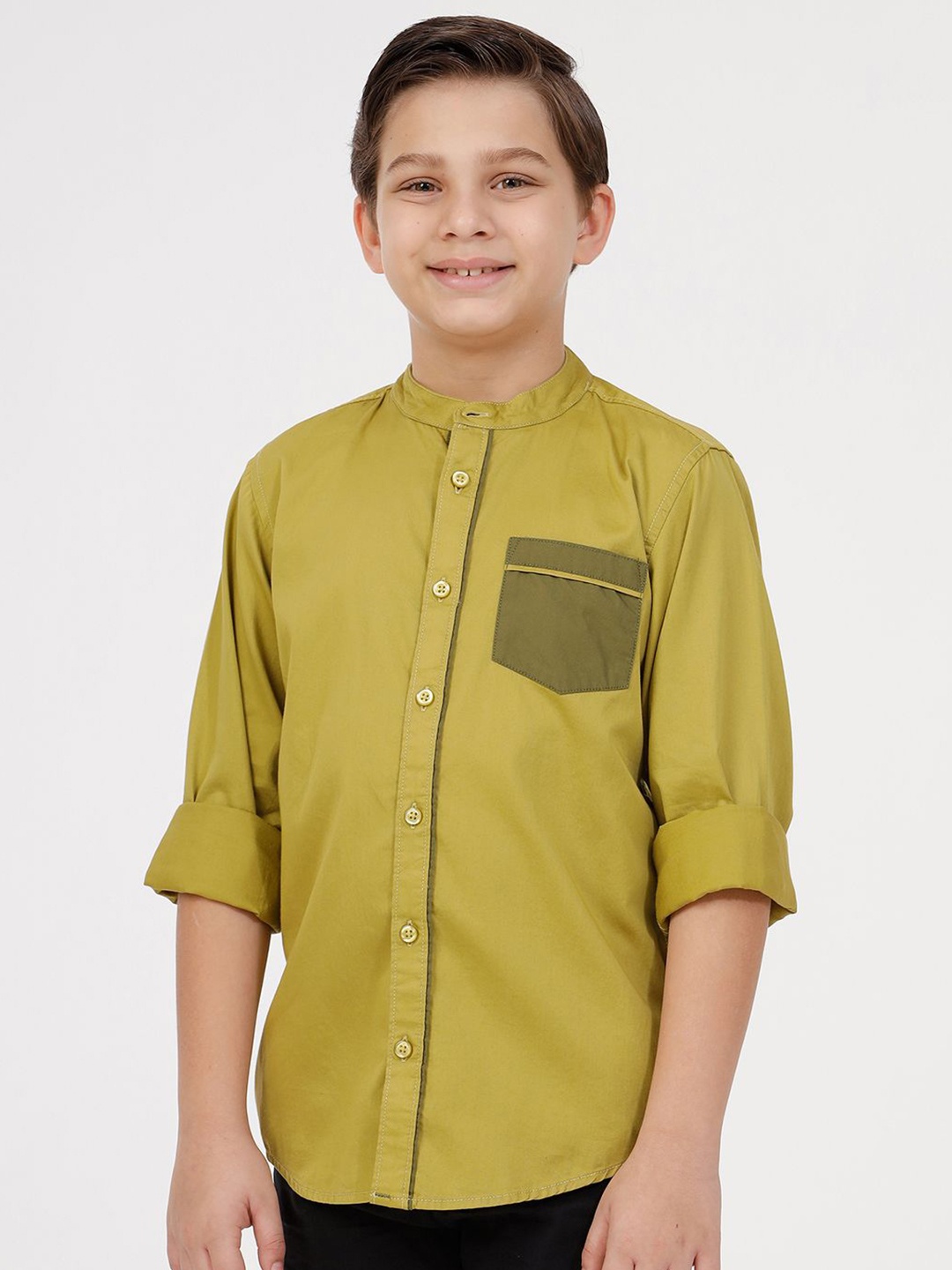 

KATE & OSCAR Boys Band Collar Solid Cotton Casual Shirt, Green