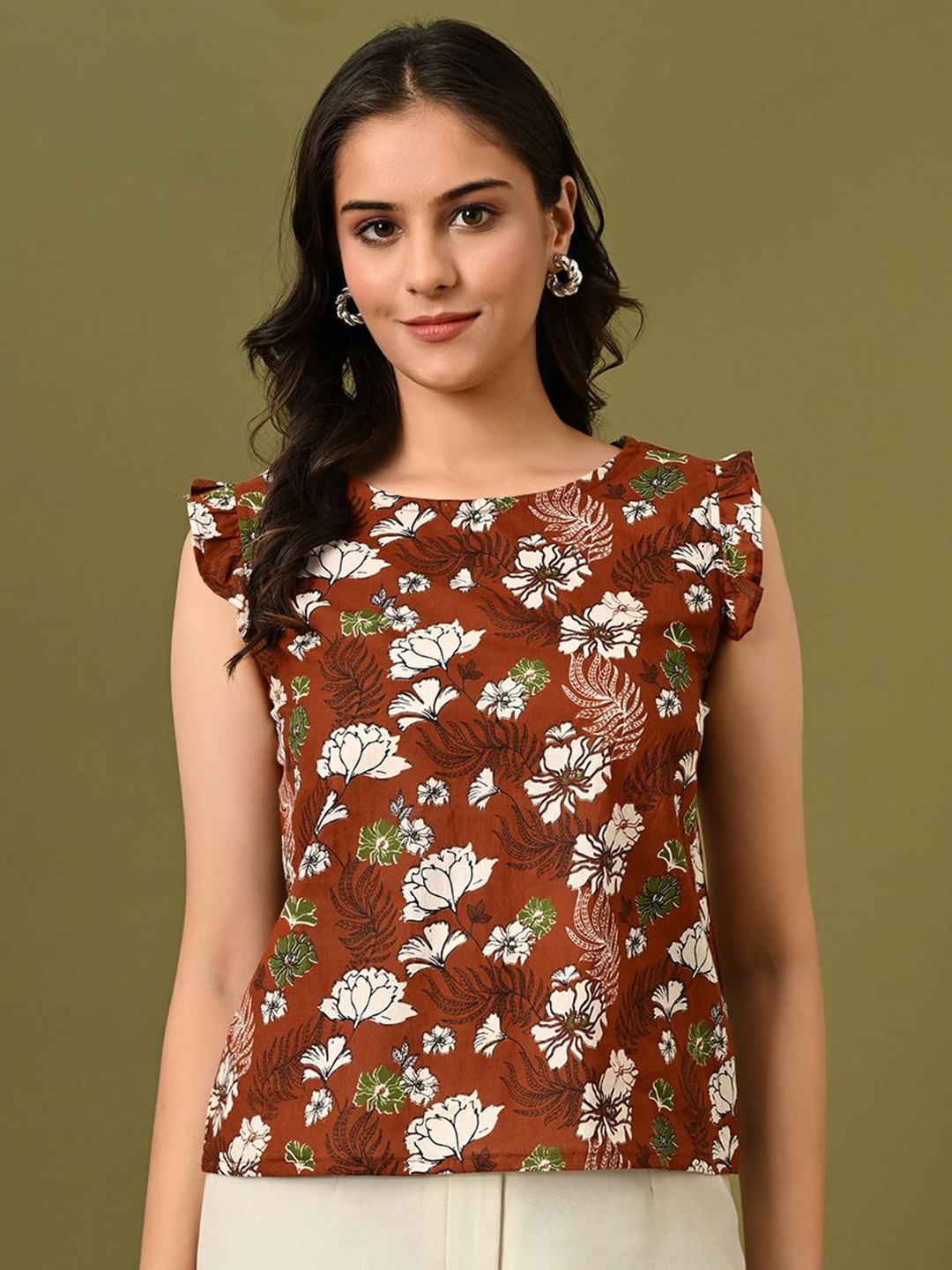 

DECKEDUP Floral Print Cotton Top, Brown