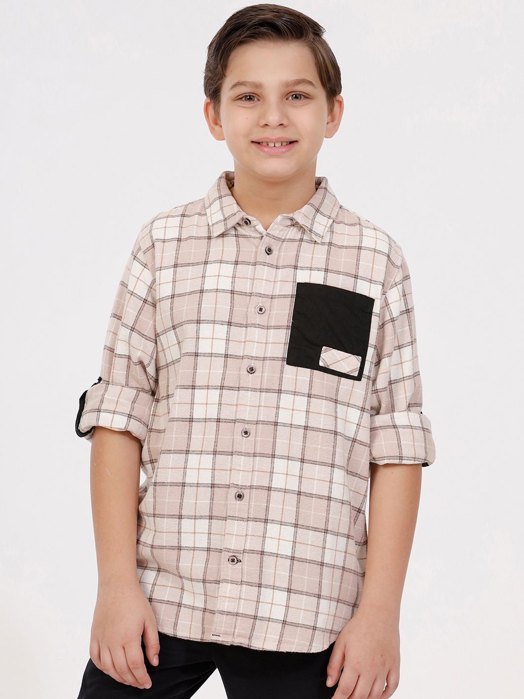 

KATE & OSCAR Boys Cutaway Collar Checked Cotton Casual Shirt, Peach