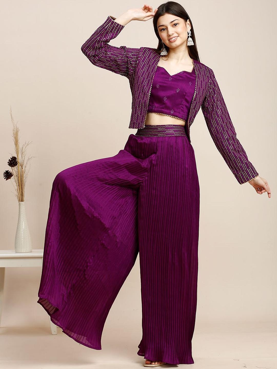 

MADHURAM Embroidered Jacket & Top with Palazzo, Purple