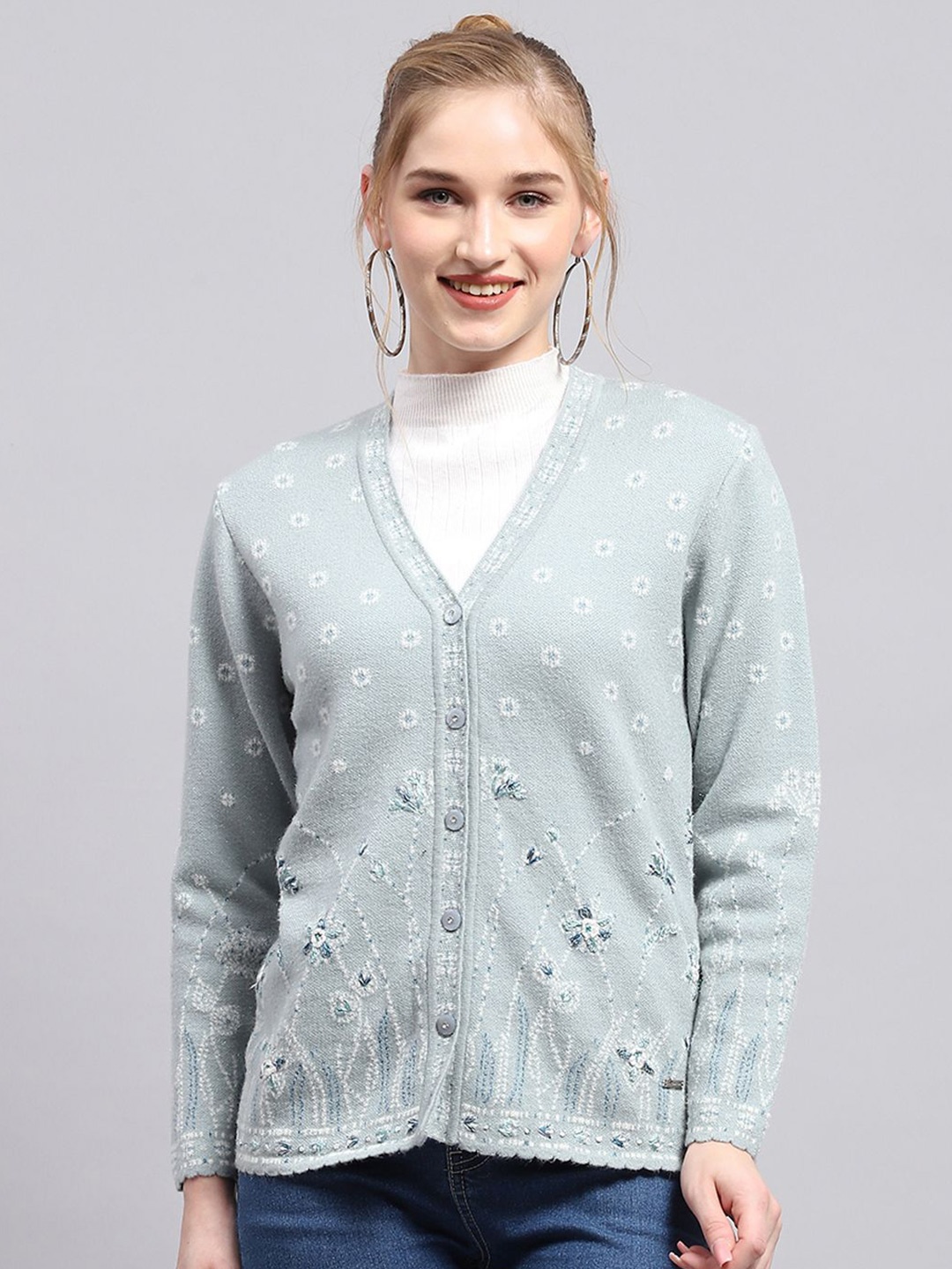 

Monte Carlo Women Embroidered Woollen Cardigan with Embroidered Detail, Blue