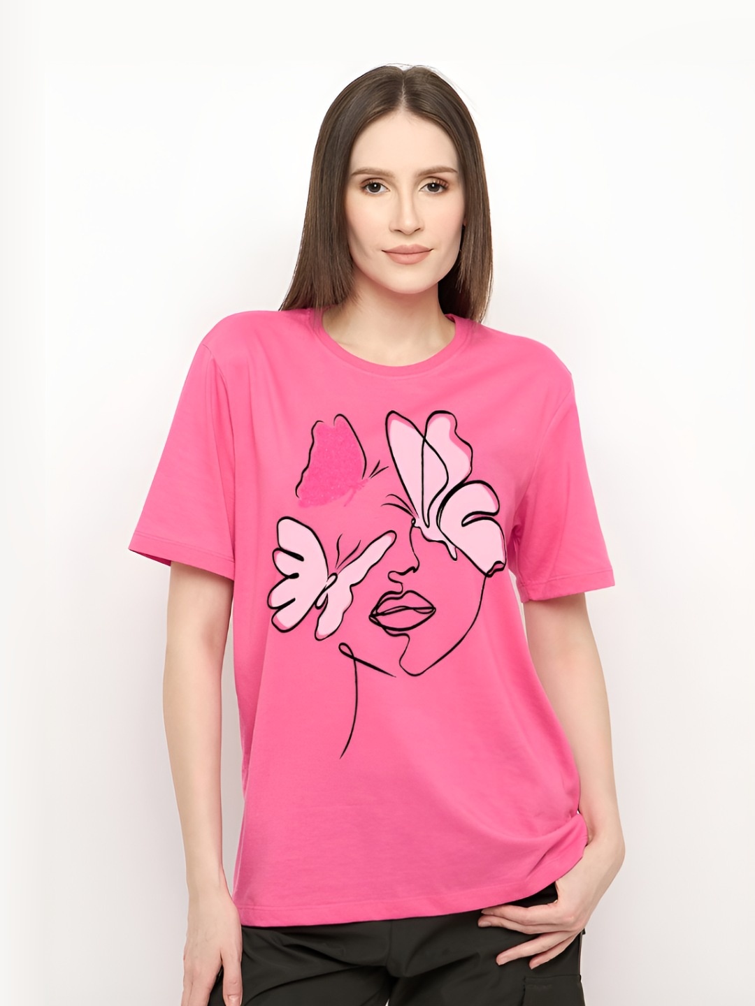 

Mast & Harbour Women Graphic Printed Round Neck Pure Cotton T-shirt, Pink