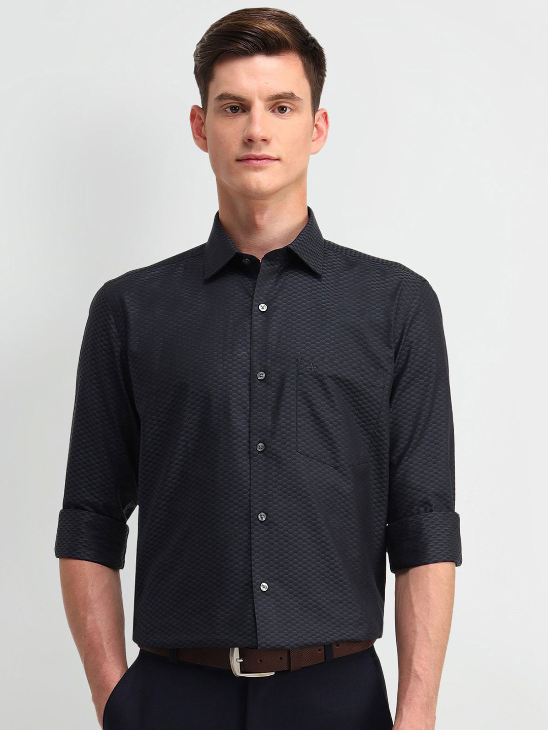 

Arrow Men Classic Spread Collar Geometric Printed Cotton Formal Shirt, Black