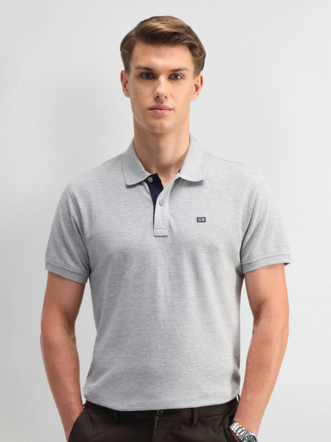 

Arrow Sport Men Brand Logo Printed Polo Collar Applique T-shirt, Grey