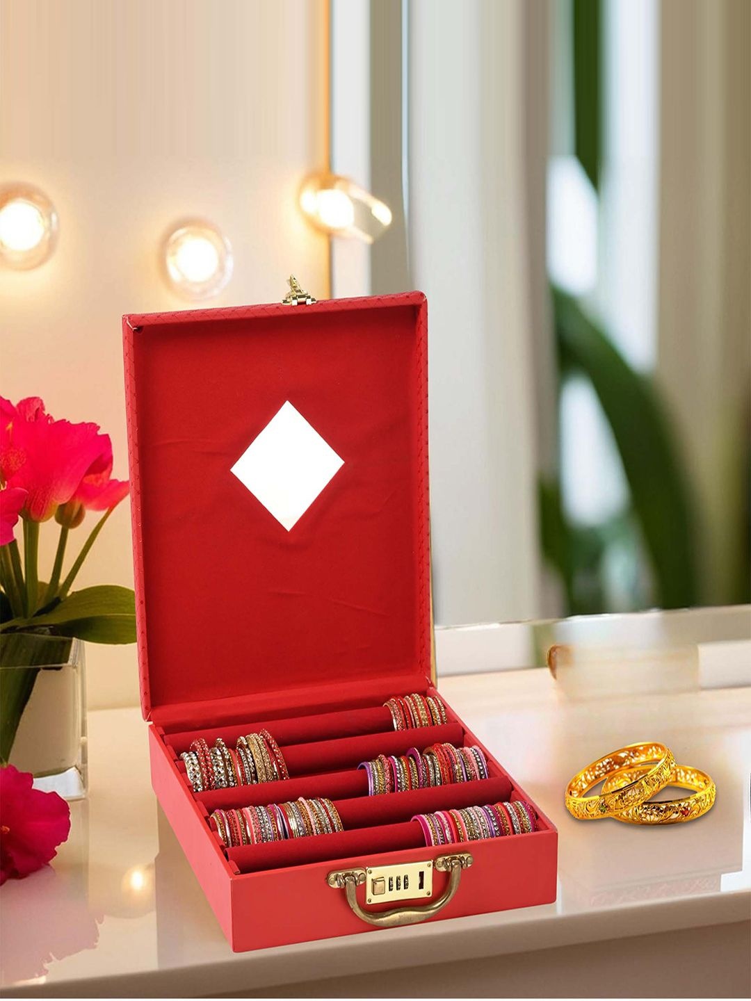 

Kuber Industries Red Printed 5 Rods Wooden Bangle Organisers