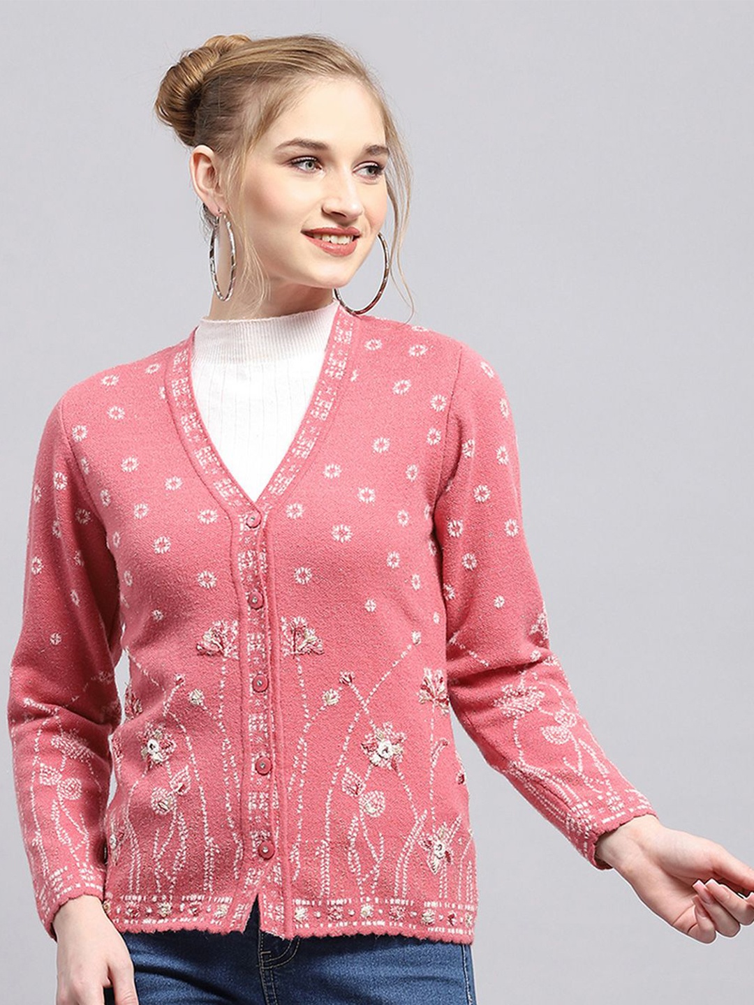 

Monte Carlo Women Woollen Long Sleeves Cardigan, Pink