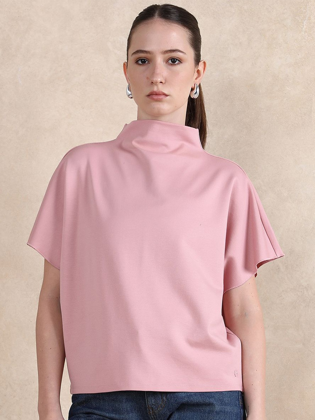 

RAREISM Women Extended Sleeves Cotton Boxy Cotton Top, Peach