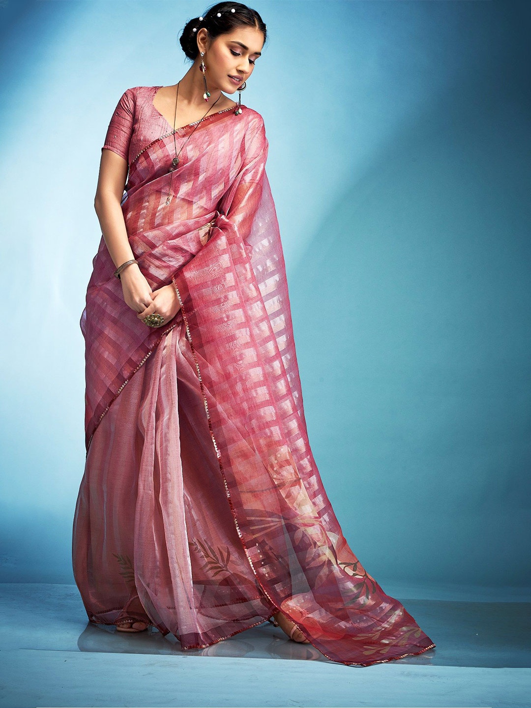 

MySilkLove Striped Gotta Patti Tissue Saree, Pink