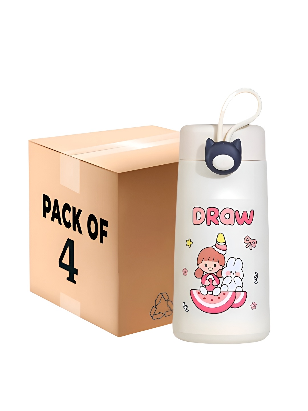 

WELOUR White & Pink 4 Pieces Printed Glass Water Bottle 350ml