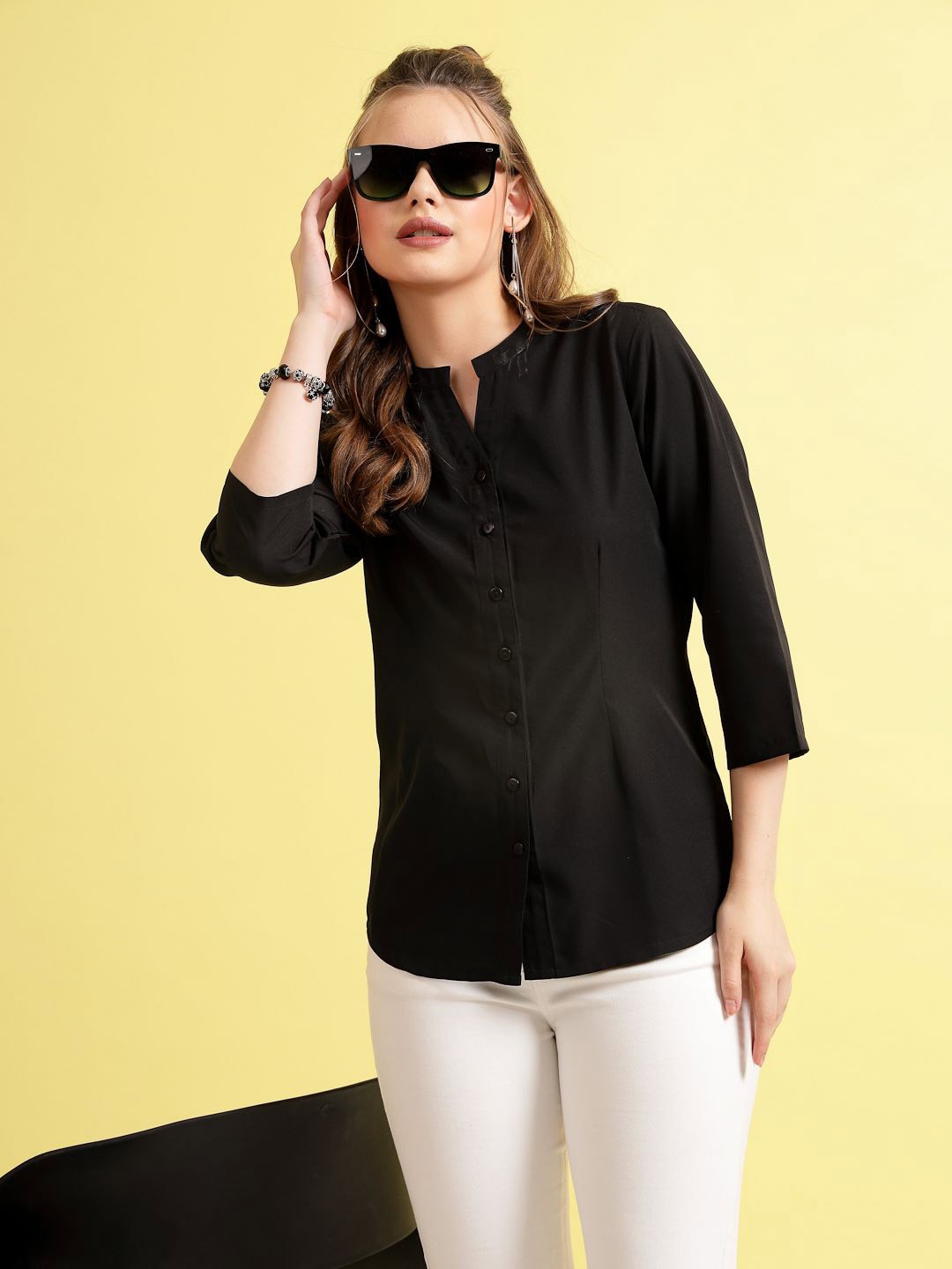 

BEING NAUGHTY Women Comfort Mandarin Collar Solid Casual Shirt, Black