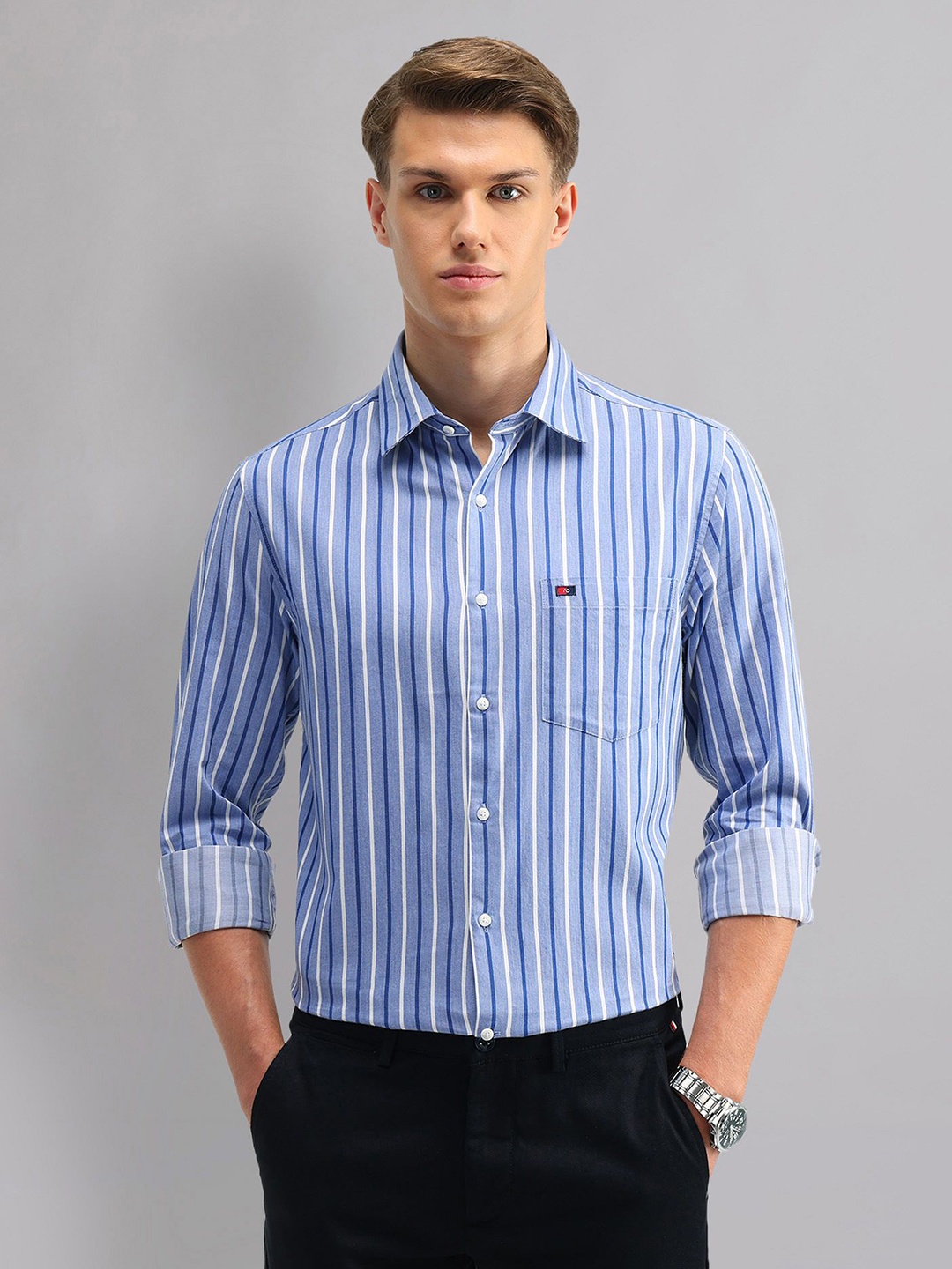 

AD By Arvind Men Spread Collar Vertical Striped Cotton Slim Fit Casual Shirt, Blue