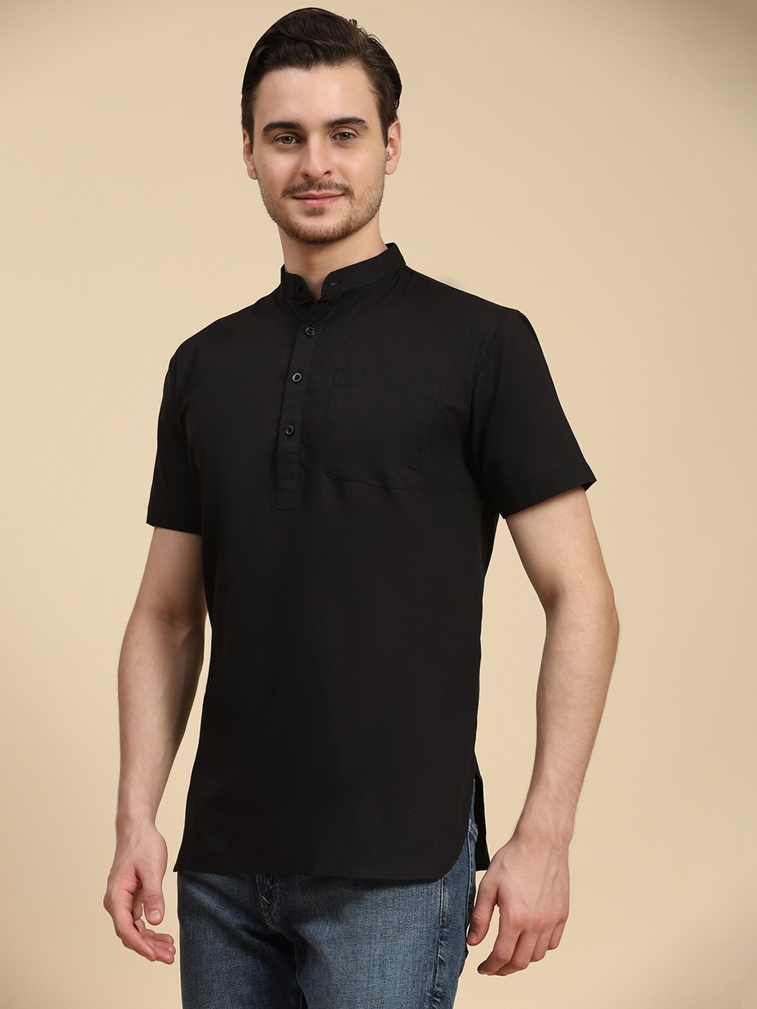 

SKAVIJ Band Collar Cotton Short Straight Kurta, Black