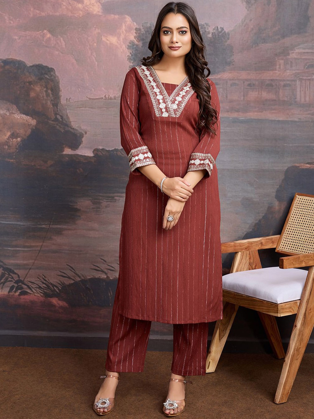 

House of Pataudi Striped Straight Thread Work Kurta & Trousers, Brown