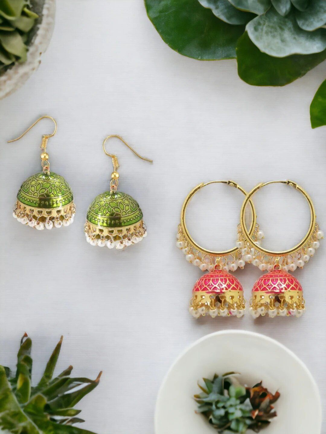 

9blings Set Of 2 Gold Plated Beaded Dome Shaped Meenakari Jhumkas, Pink