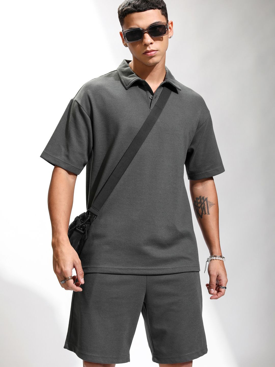 

HIGHLANDER Polo Collar Relaxed-Fit T-Shirt & Shorts Co-Ords, Grey