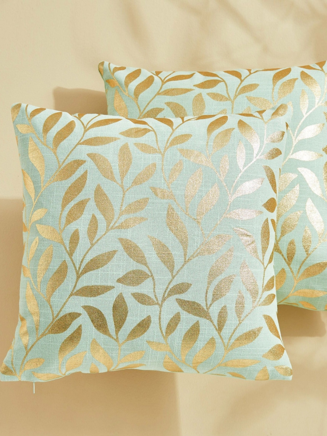 

Home Centre Green & Gold-Toned Set of 2 Floral Square Cushion Covers