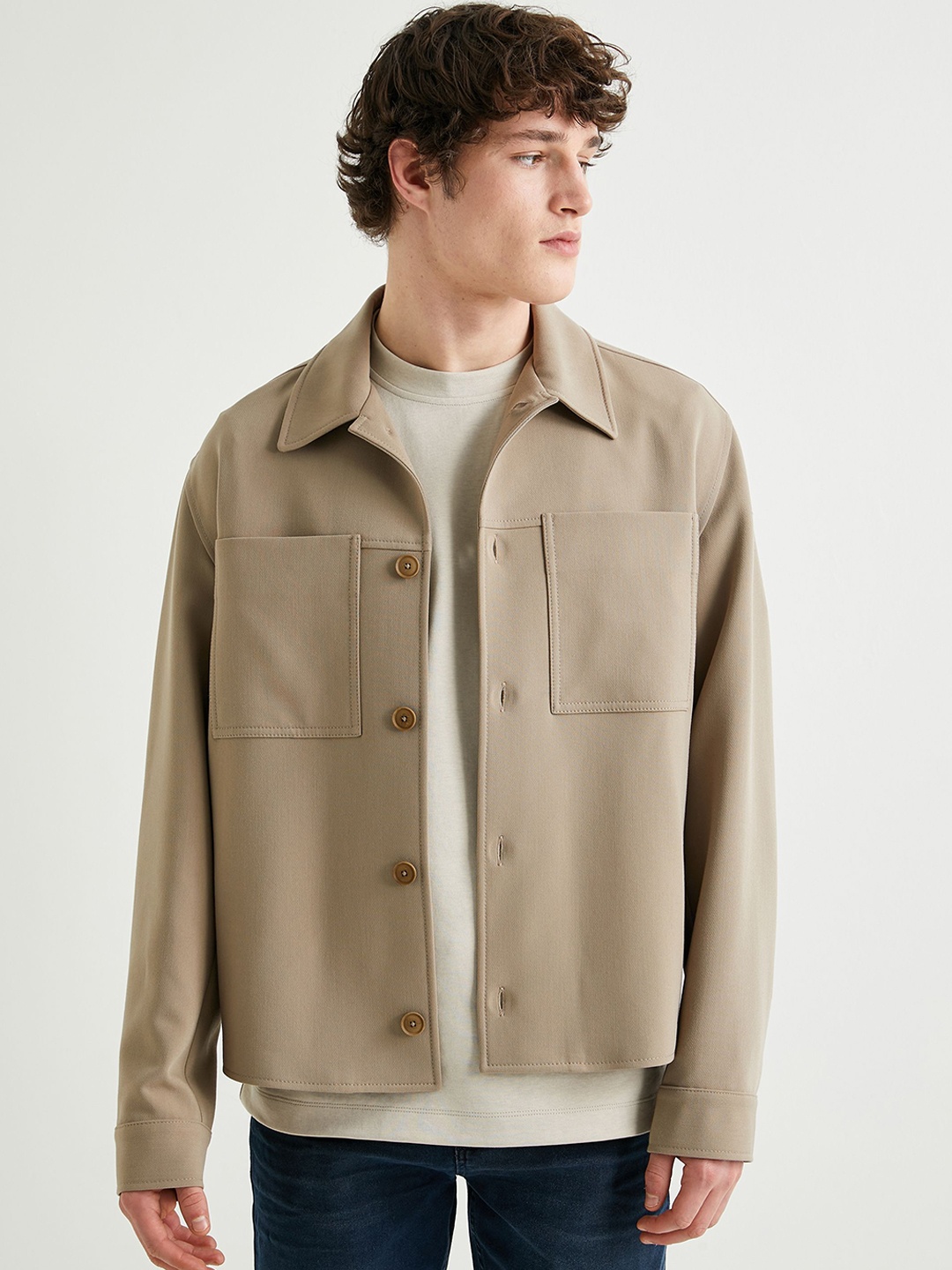 

Koton Men Spread Collar Solid Casual Tailored Jacket, Beige