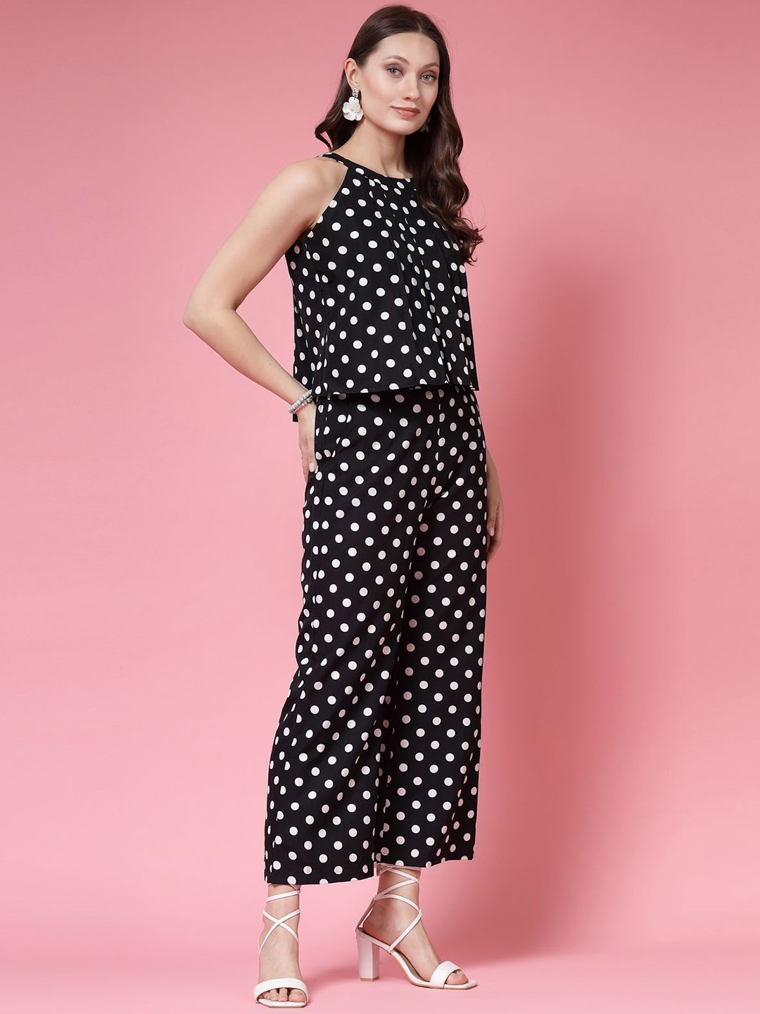 

BEING NAUGHTY Polka Dot Printed Halter Neck Sleeveless Top & Palazzo, Black