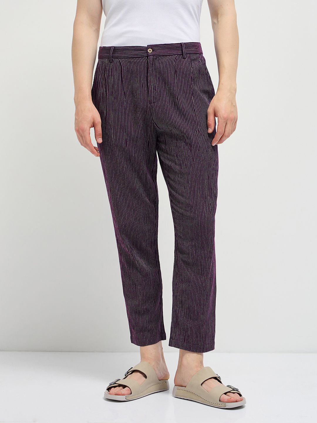 

THE BEAR HOUSE Men Striped Slim Fit Pleated Trousers, Maroon