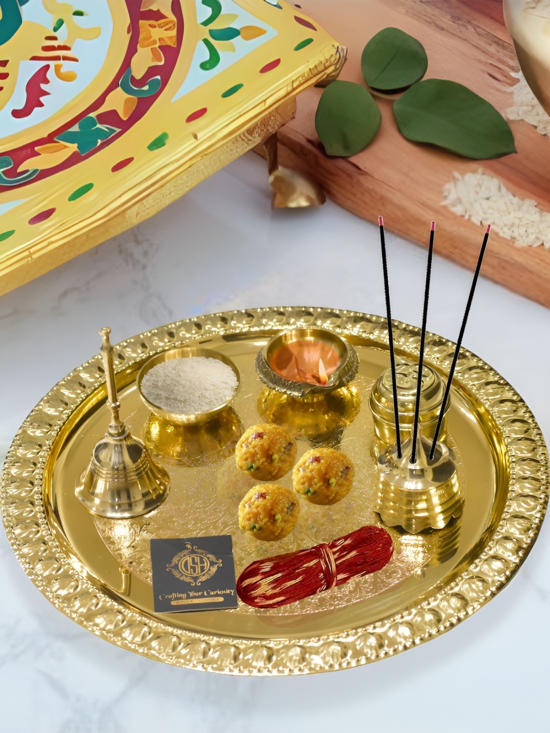 

DSH Crafting Your Curiosity 6 Pieces Glossy Brass Pooja Essentials, Gold