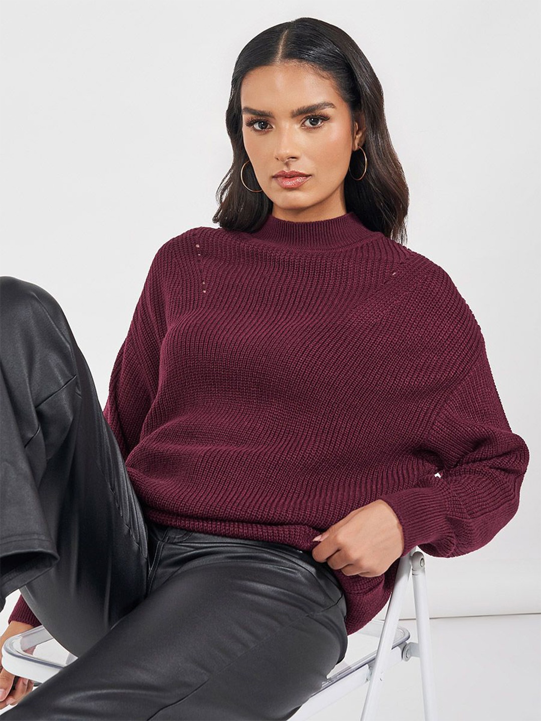

Styli Women High Neck Regular Length Regular Fit Jumper, Burgundy