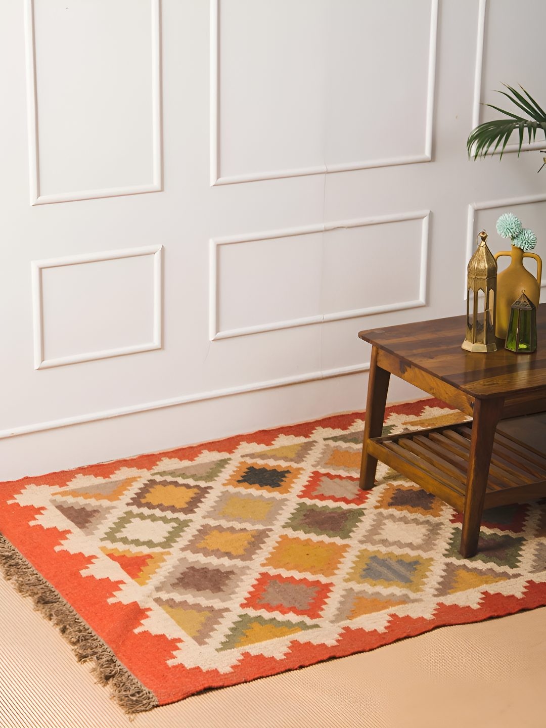 

Fabindia Orange-Coloured & Beige Geometric Printed Woven Dhurries