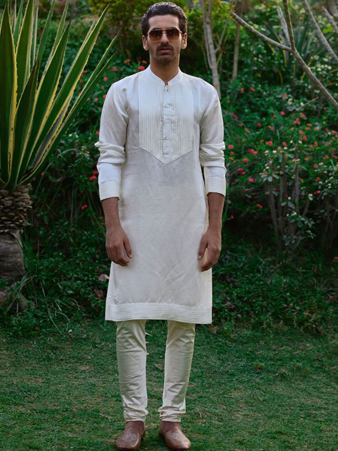 

Ankit V Kapoor Mandarin Collar White Romance Pintucks Straight Kurta with Churidar, Off white