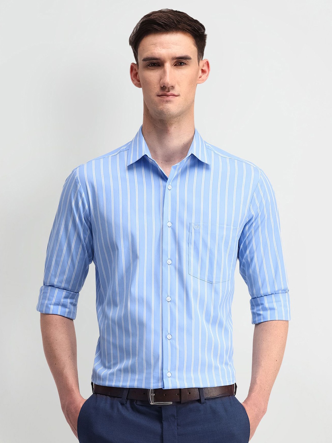 

Arrow Men Classic Spread Collar Vertical Striped Cotton Formal Shirt, Blue