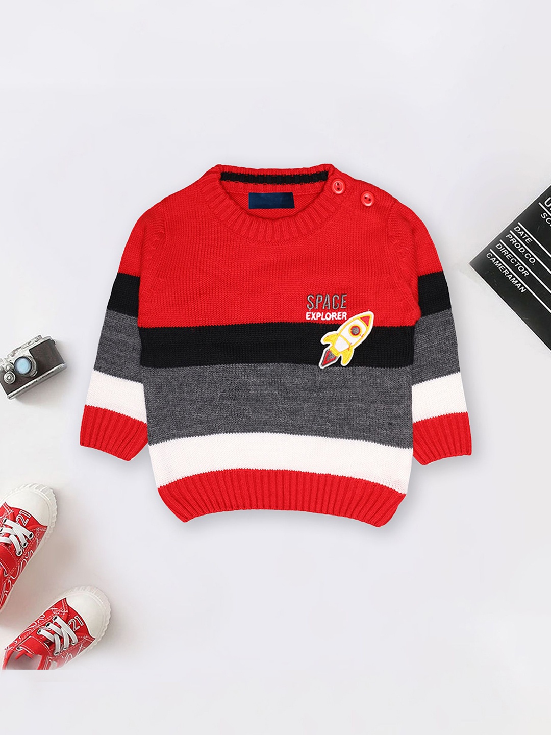 

CHKOKKO Boys Colourblocked Woollen Pullover, Red