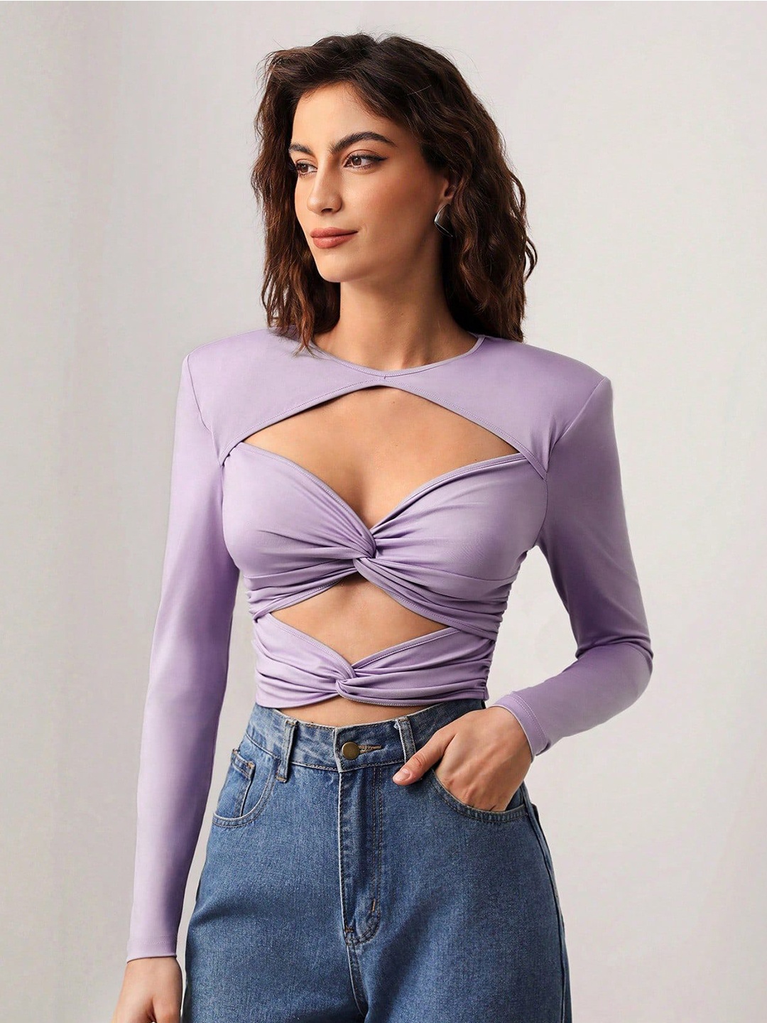 

HERE&NOW Women Long Regular Sleeves Crop Top, Lavender