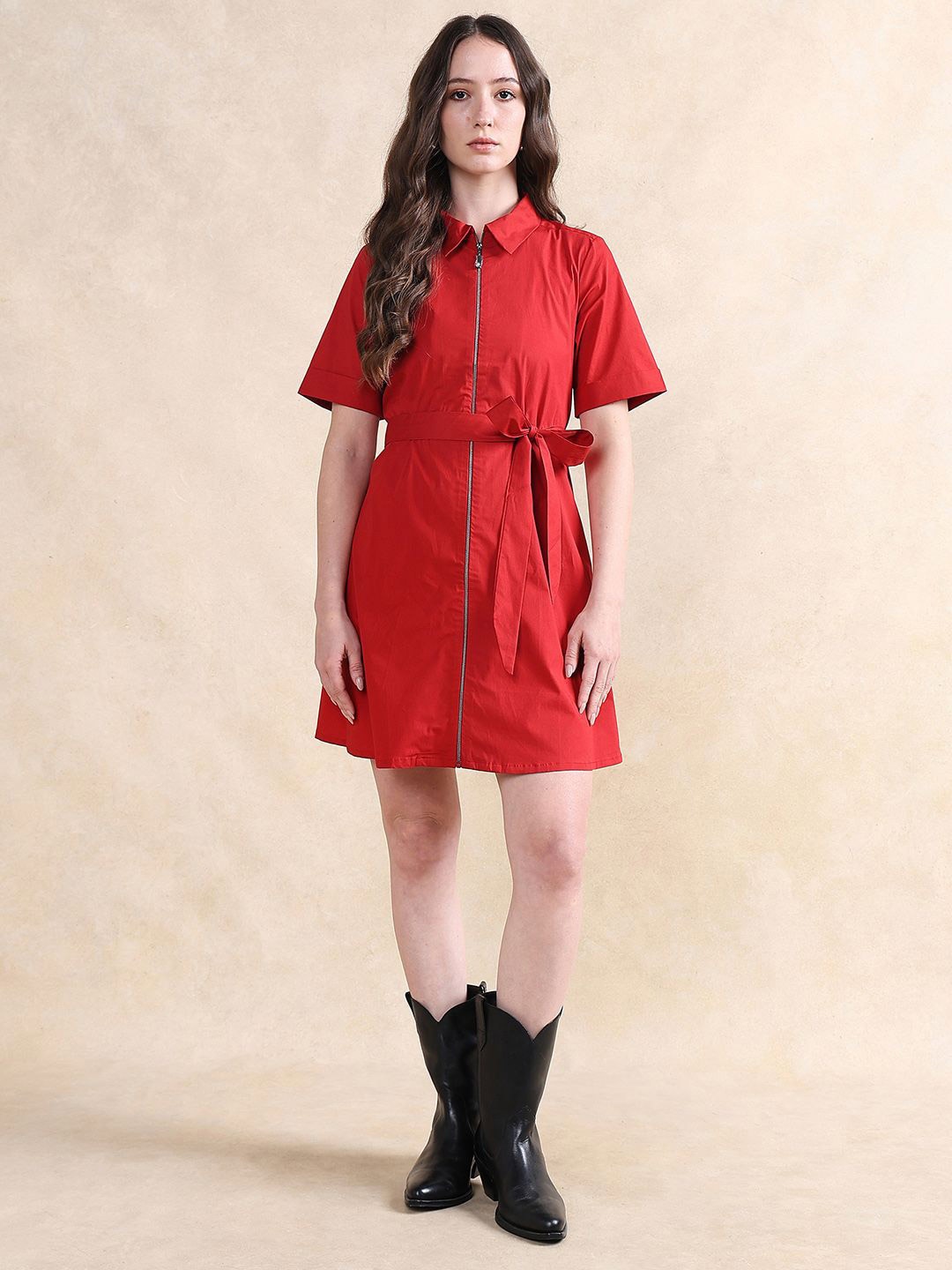 

RAREISM Women Fit & Flare Mini Solid Cotton Dress, Red