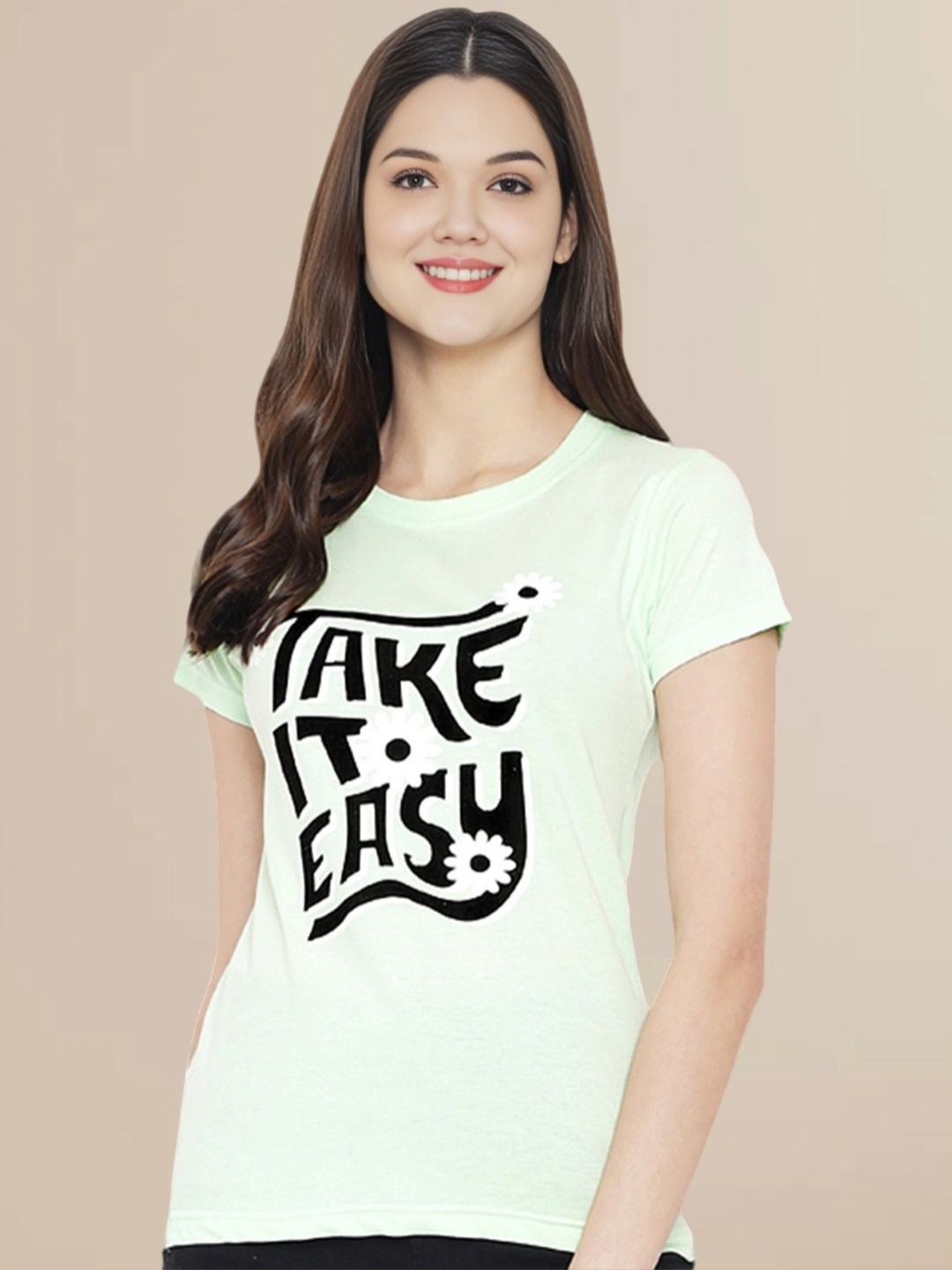 

Metronaut Women Typography Printed Round Neck Cotton T-shirt, Green