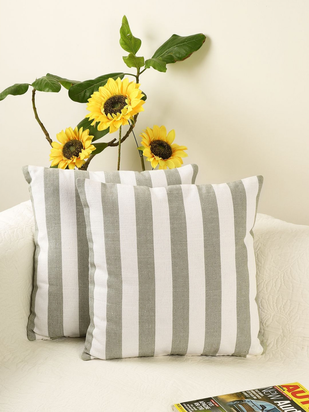 

Jamio Firati Green & White 2 Pieces Striped Cotton Square Cushion Covers