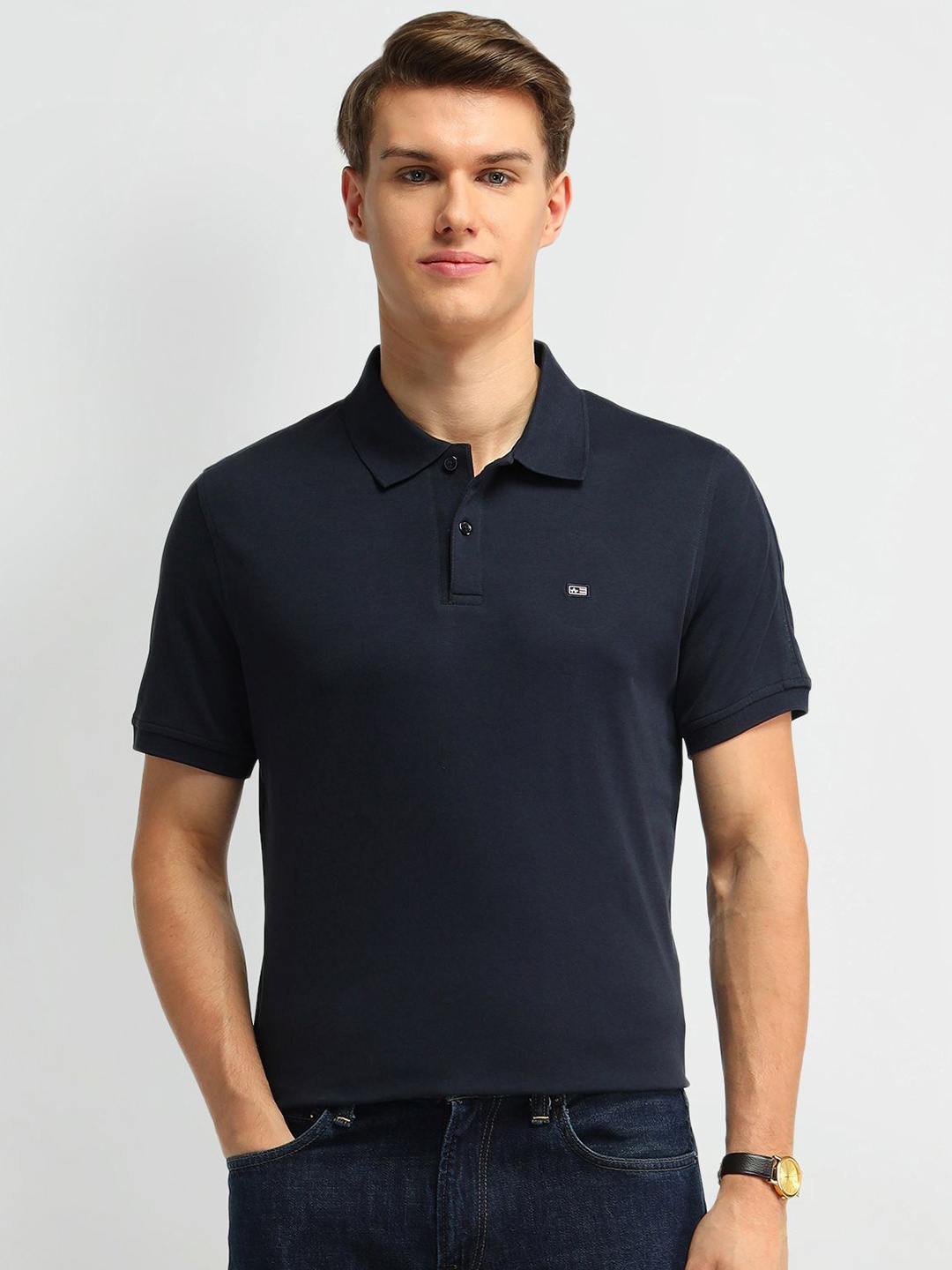 

Arrow Sport Men Brand Logo Polo Collar Applique T-shirt, Navy blue