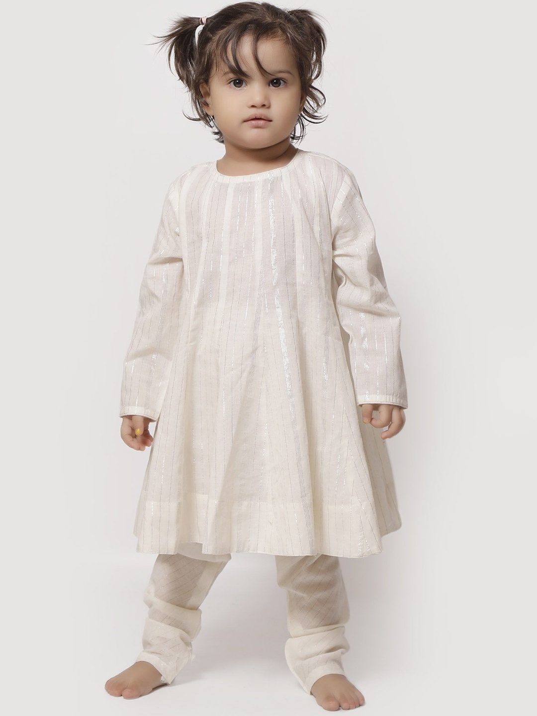 

TJORI Girls Striped Pure Cotton Anarkali Kurta with Churidar, Off white