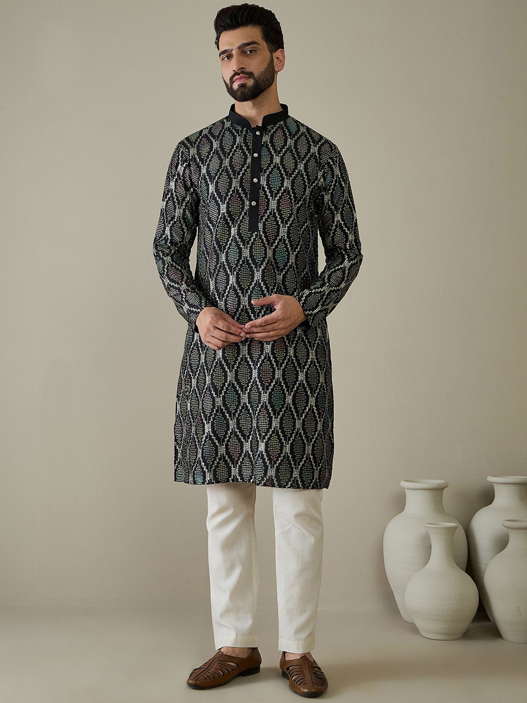 

Anouk Black Ethnic Motifs Embroidered Mandarin Collar Straight Kurta