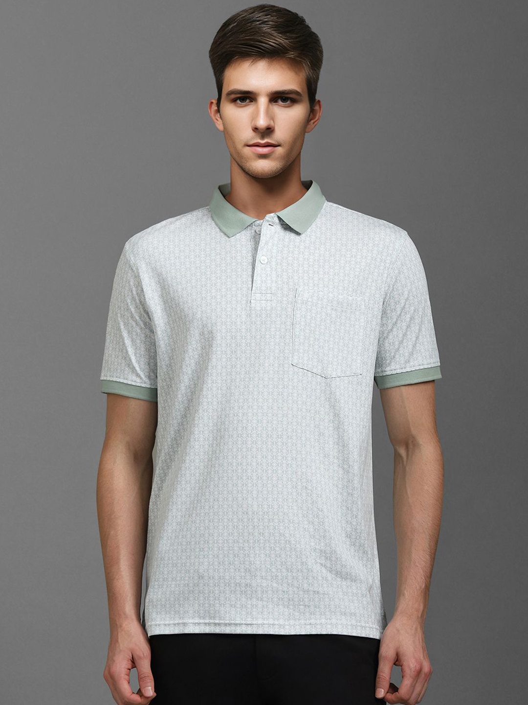 

Louis Philippe Men Geometric Printed Polo Collar Cotton T-shirt, White