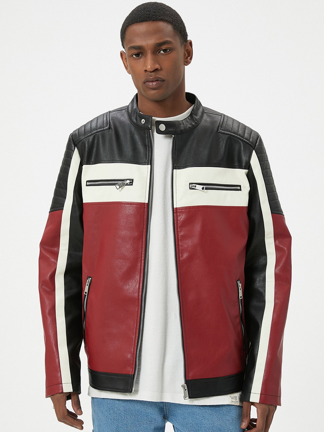 

Koton Men Mock Collar Colourblocked Casual Biker Jacket, Maroon