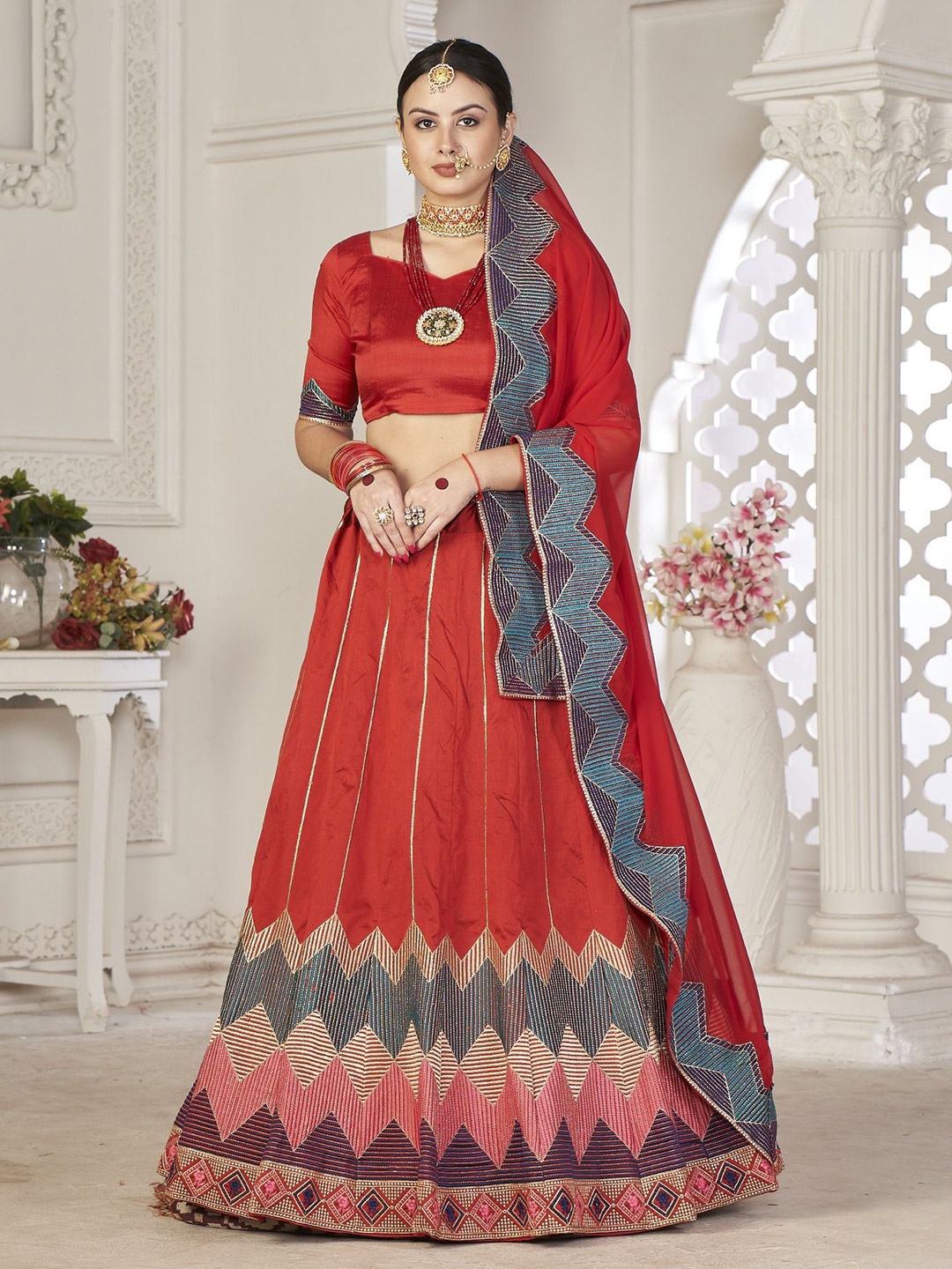 

Warthy Ent Embroidered Semi-Stitched Lehenga & Unstitched Blouse With Dupatta, Red