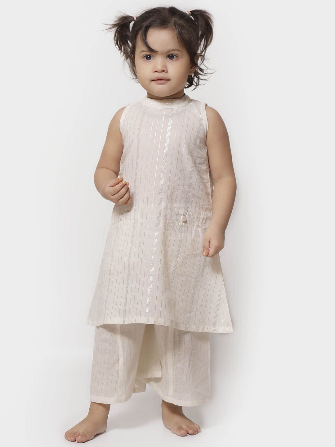 

TJORI Girls Striped Printed Band Collar Zari Pure Cotton A-line Kurta with Palazzos, Off white