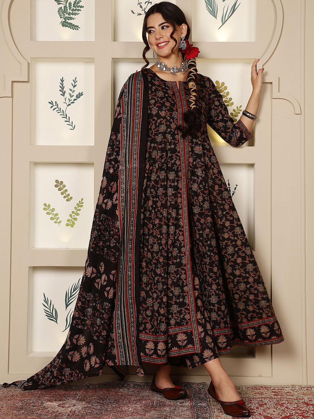 

GULMOHAR JAIPUR Floral Printed Mirror Work Pure Cotton Anarkali Kurta & Palazzo & Dupatta, Black