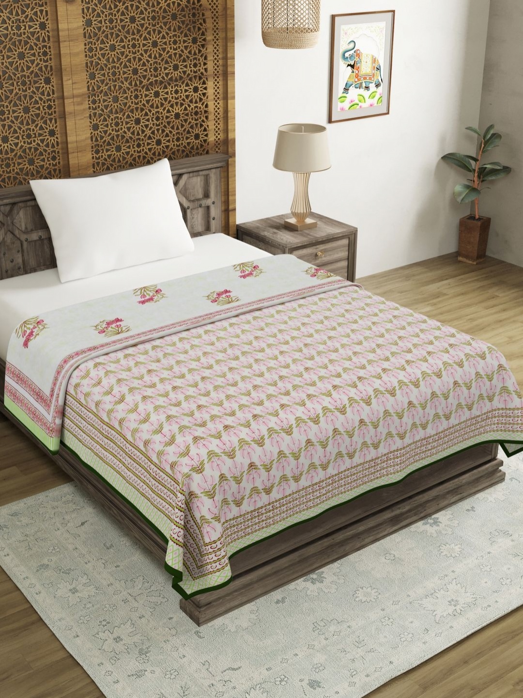 

BLOCKS OF INDIA Green & White Ethnic Motifs AC Room 150 GSM Single Bed Dohar