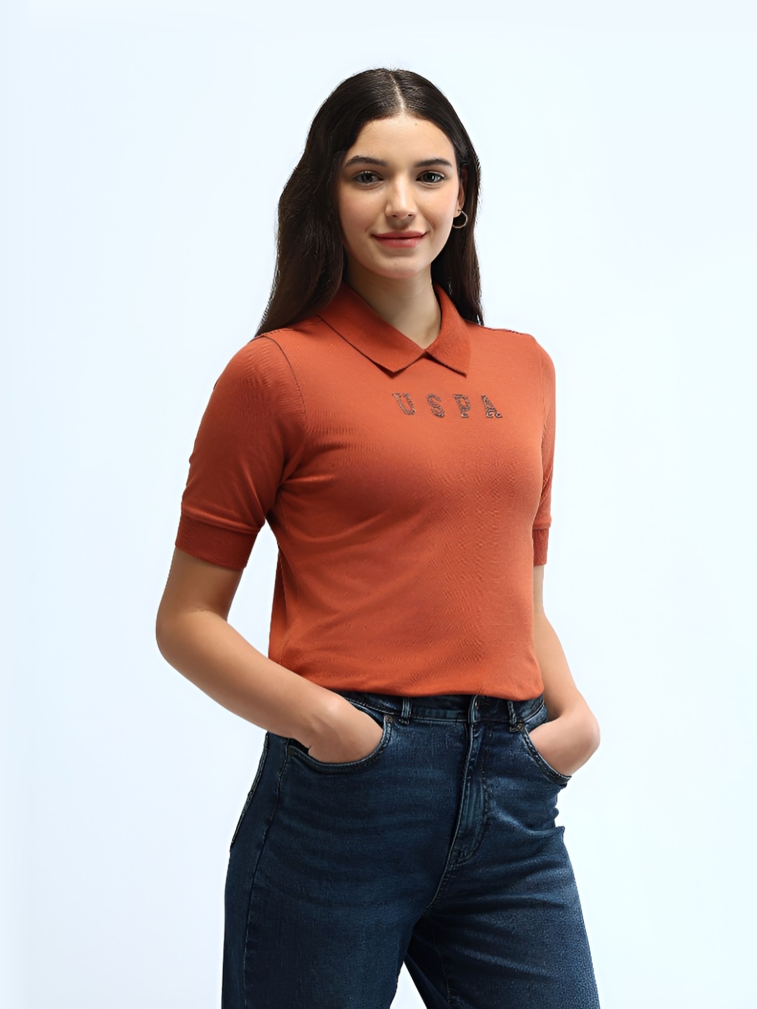 

U.S. Polo Assn. Women Typography Printed Polo Collar Cotton T-shirt, Orange