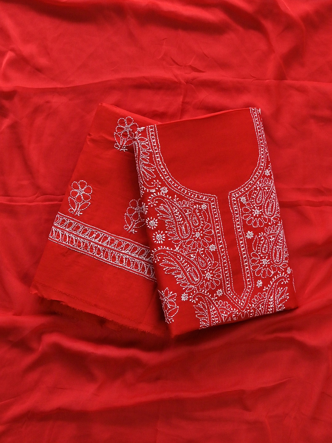 

Seva Chikan Ethnic Motifs Embroidered Lucknowi Chikankari Unstitched Dress Material, Red