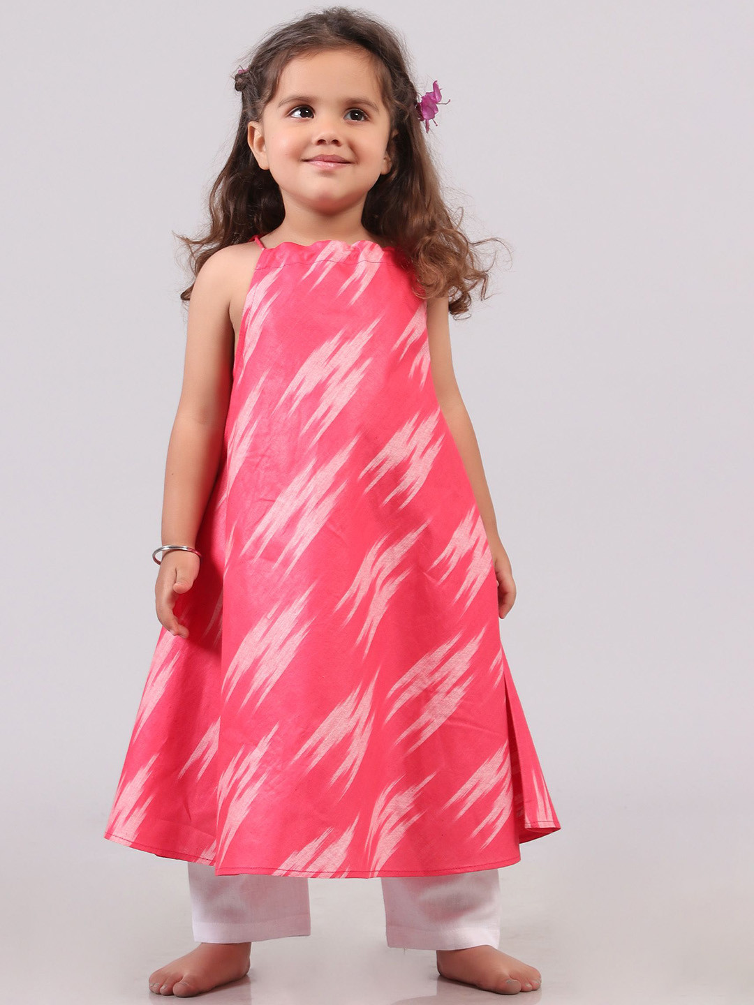 

TJORI Girls Abstract Printed Regular Pure Cotton A Line Kurta with Trousers, Pink
